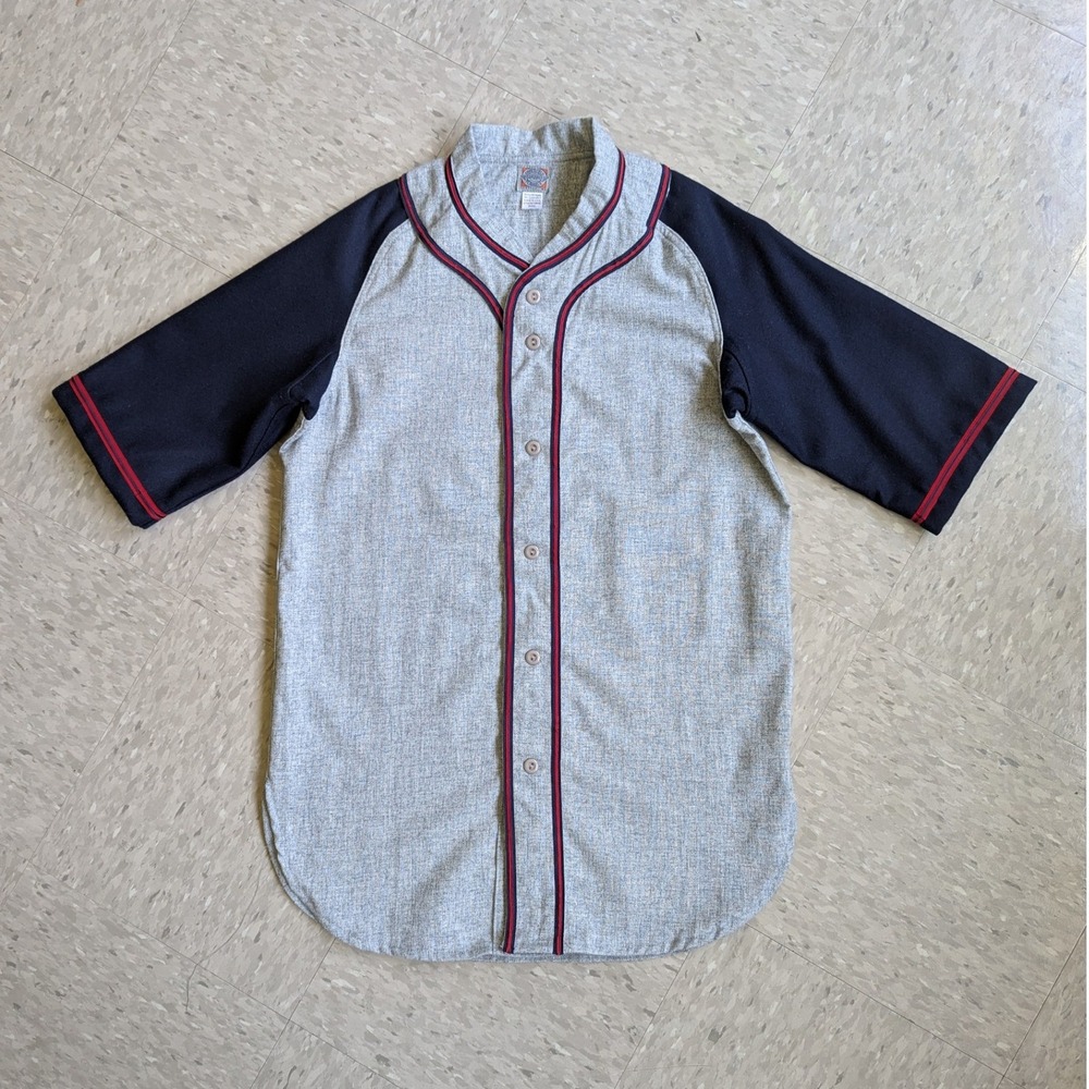 Ebbets Field Flannels Baseball Jersey Grey Navy Wool Blend Small Made in USA